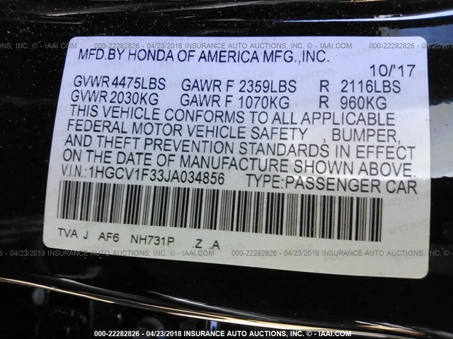 1HGCV1F33JA034856 - 2018 HONDA ACCORD SPORT 黑色 照片 9