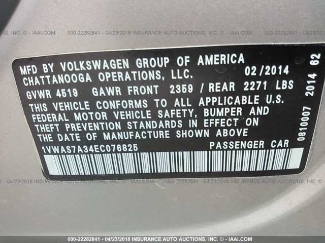 1VWAS7A34EC076825 - 2014 VOLKSWAGEN PASSAT S SILVER photo 9