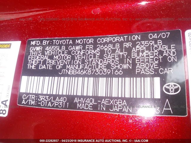 JTNBB46K873039166 - 2007 TOYOTA CAMRY NEW GENERAT HYBRID RED photo 9