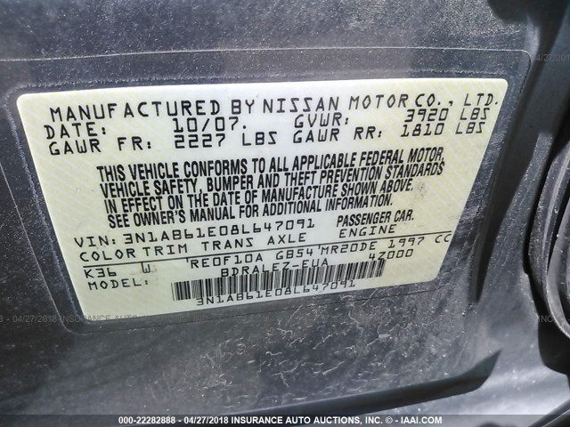 3N1AB61E08L647091 - 2008 NISSAN SENTRA 2.0/2.0S/2.0SL ნაცრისფერი ფოტო 9