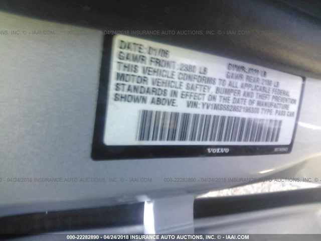 YV1MS682862196300 - 2006 VOLVO S40 T5 SILVER photo 9