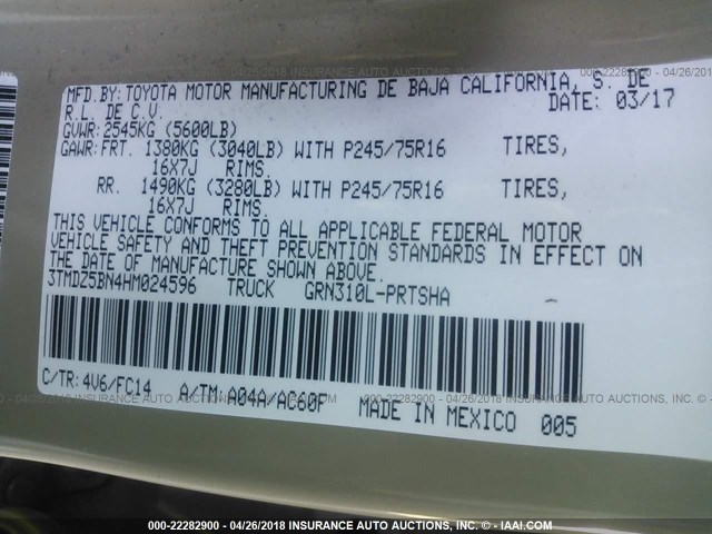 3TMDZ5BN4HM024596 - 2017 TOYOTA TACOMA DBL CAB/SR5/TRD SPORT/OR TAN photo 9