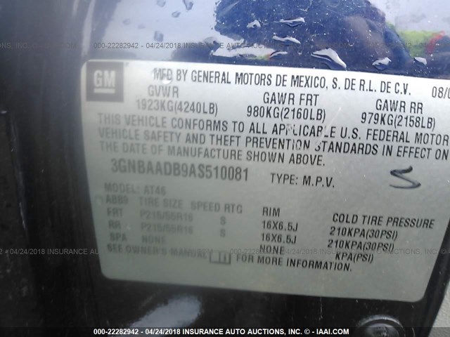 3GNBAADB9AS510081 - 2010 CHEVROLET HHR LS BLUE photo 9