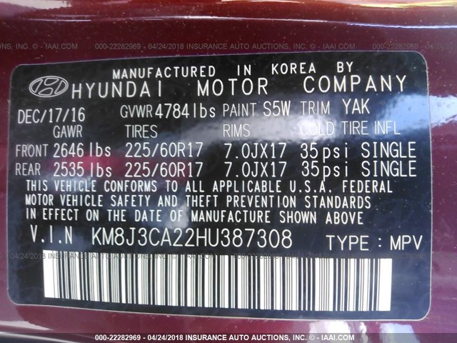 KM8J3CA22HU387308 - 2017 HYUNDAI TUCSON LIMITED/SPORT AND ECO/SE RED photo 9