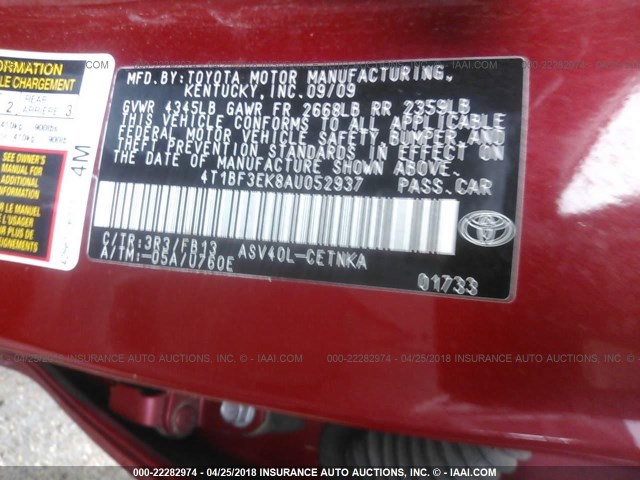 4T1BF3EK8AU052937 - 2010 TOYOTA CAMRY SE/LE/XLE 红色 照片 9
