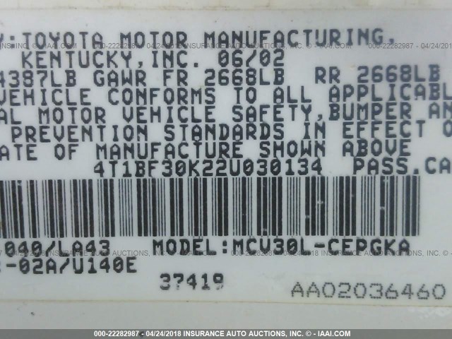 4T1BF30K22U030134 - 2002 TOYOTA CAMRY LE/XLE/SE 白色 照片 9