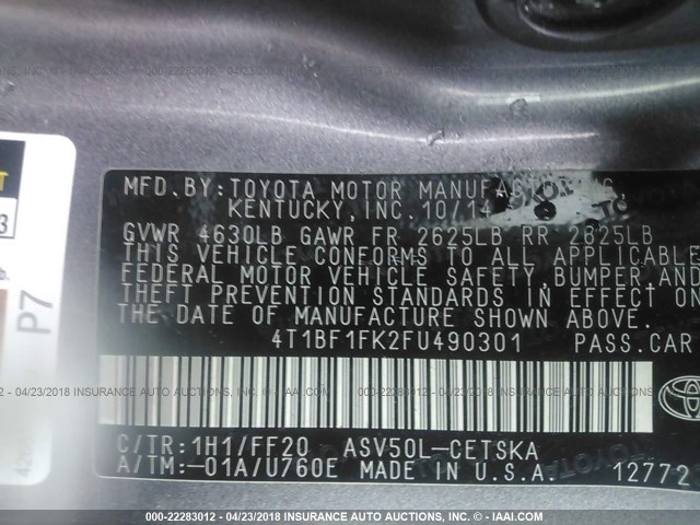 4T1BF1FK2FU490301 - 2015 TOYOTA CAMRY LE/XLE/SE/XSE GRAY photo 9