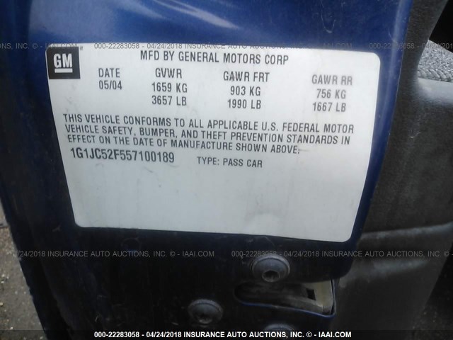 1G1JC52F557100189 - 2005 CHEVROLET CAVALIER Dark Blue photo 9