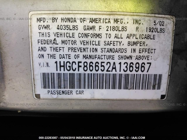 1HGCF86652A136967 - 2002 HONDA ACCORD VALUE SILVER photo 9