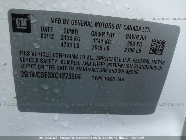 2G1WC5E3XC1273904 - 2012 CHEVROLET IMPALA LTZ WHITE photo 9