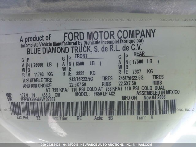 3FRWX66G69V132037 - 2009 FORD F650 SUPER DUTY WHITE photo 10