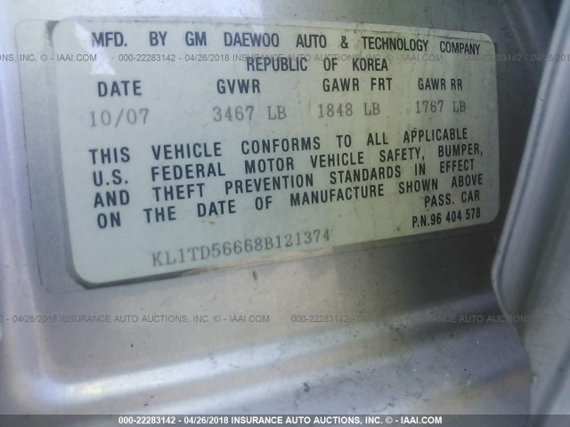 KL1TD56668B121374 - 2008 CHEVROLET AVEO LS SILVER photo 9
