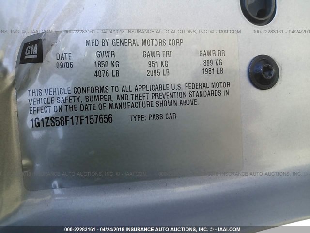 1G1ZS58F17F157656 - 2007 CHEVROLET MALIBU LS 银色 照片 9