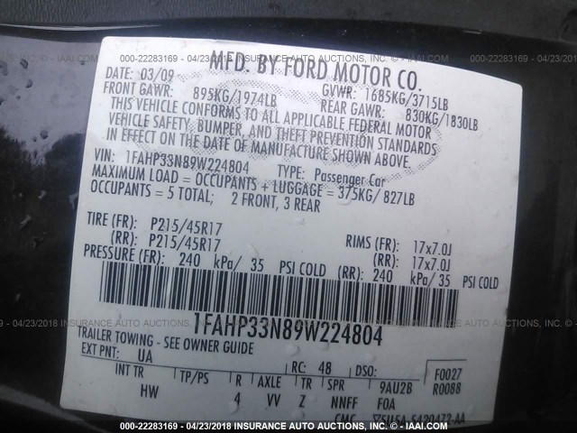 1FAHP33N89W224804 - 2009 FORD FOCUS SES BLACK photo 9