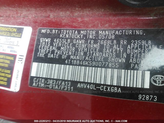 4T1BB46K59U077855 - 2009 TOYOTA CAMRY HYBRID RED photo 9