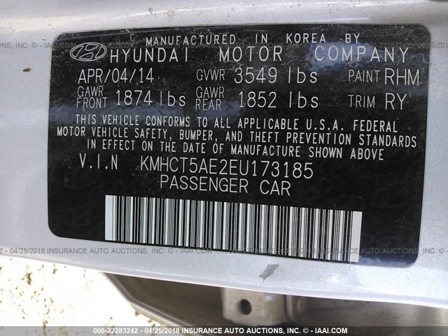 KMHCT5AE2EU173185 - 2014 HYUNDAI ACCENT GLS/GS SILVER photo 9