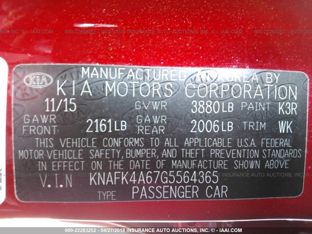 KNAFK4A67G5564365 - 2016 KIA FORTE LX RED photo 9