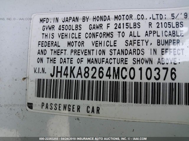 JH4KA8264MC010376 - 1991 ACURA LEGEND L WHITE photo 9