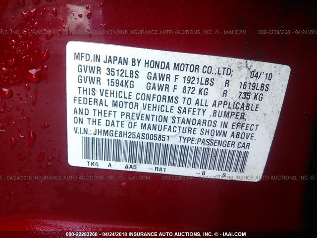 JHMGE8H25AS005851 - 2010 HONDA FIT RED photo 9