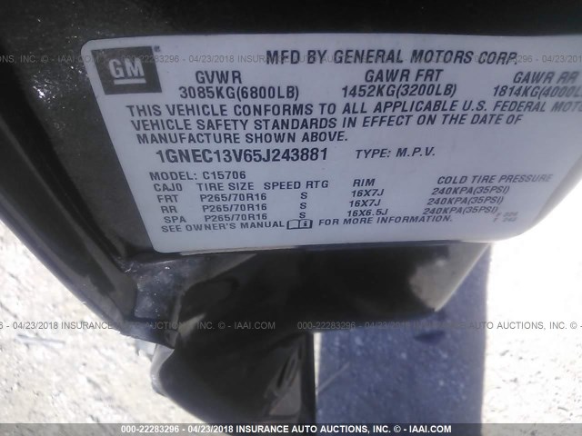 1GNEC13V65J243881 - 2005 CHEVROLET TAHOE C1500 BLACK photo 9