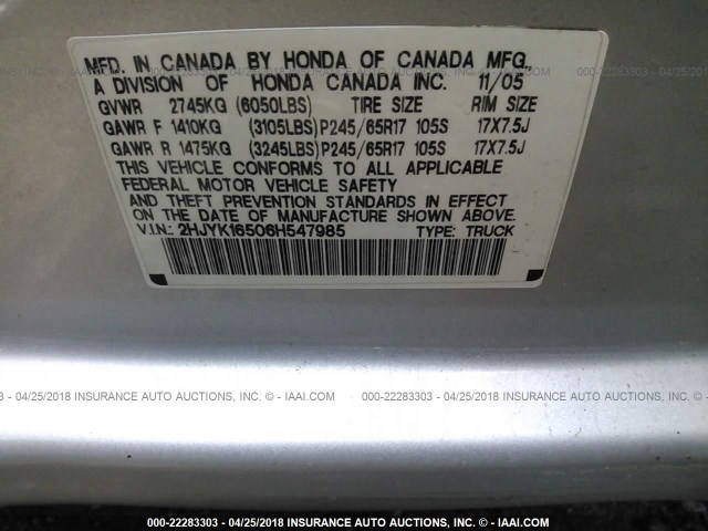 2HJYK16506H547985 - 2006 HONDA RIDGELINE RTL SILVER photo 9