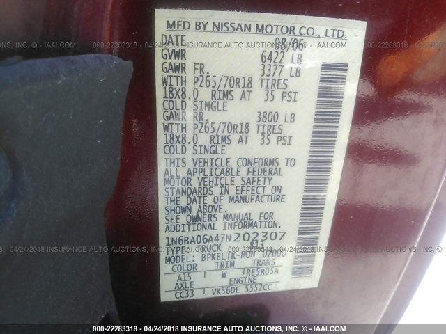 1N6BA06A47N202307 - 2007 NISSAN TITAN XE/SE/LE RED photo 9