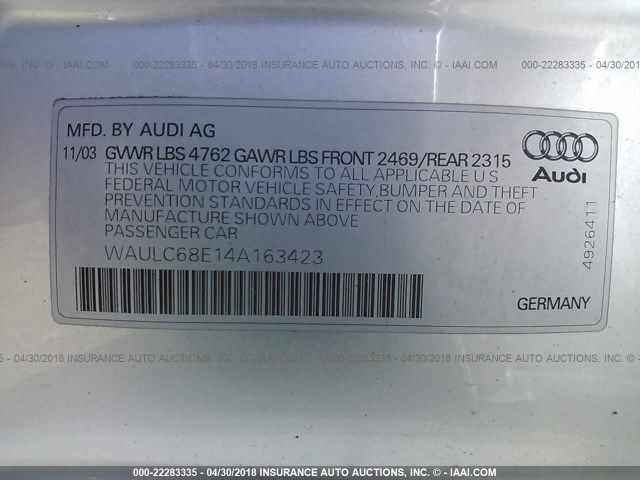 WAULC68E14A163423 - 2004 AUDI A4 1.8T QUATTRO SILVER photo 9