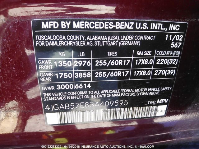 4JGAB57E83A409595 - 2003 MERCEDES-BENZ ML 350 MAROON photo 9