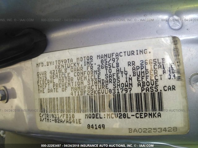 4T1BF22K6VU031797 - 1997 TOYOTA CAMRY CE/LE/XLE GRAY photo 9
