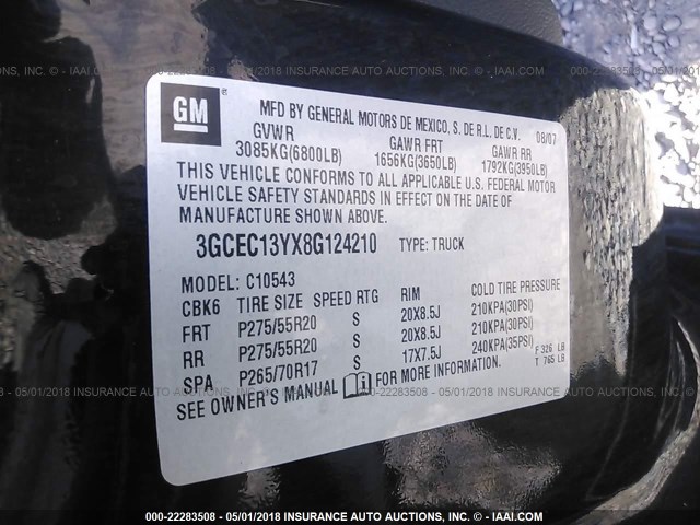 3GCEC13YX8G124210 - 2008 CHEVROLET SILVERADO C1500 黑色 照片 9