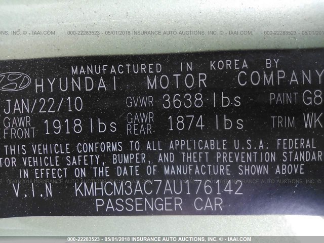 KMHCM3AC7AU176142 - 2010 HYUNDAI Accent BLUE/GS GREEN photo 9