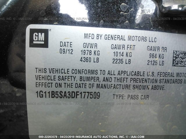 1G11B5SA3DF177509 - 2013 CHEVROLET MALIBU LS შავი ფოტო 9