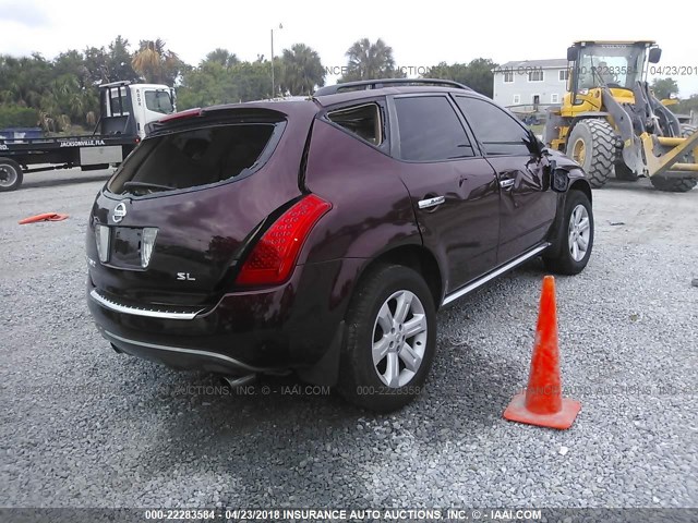 JN8AZ08T66W425662 - 2006 NISSAN MURANO SL/SE/S BURGUNDY photo 4