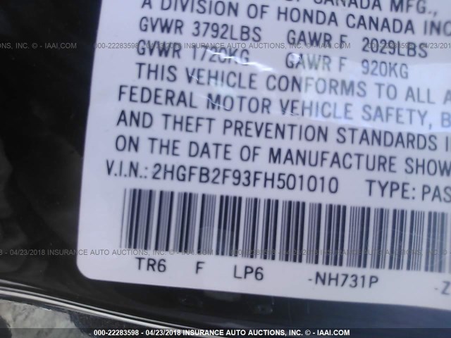 2HGFB2F93FH501010 - 2015 HONDA CIVIC EXL BLACK photo 9