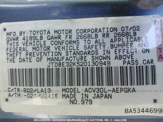 JTDBE32K520130949 - 2002 TOYOTA CAMRY LE/XLE/SE Көк фото 9