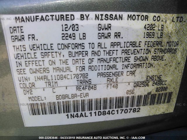 1N4AL11D84C170782 - 2004 NISSAN ALTIMA S/SL GREEN photo 9