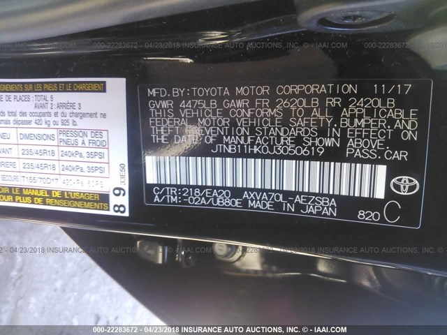 JTNB11HK0J3050619 - 2018 TOYOTA CAMRY L/LE/XLE/SE/XSE BLACK photo 9