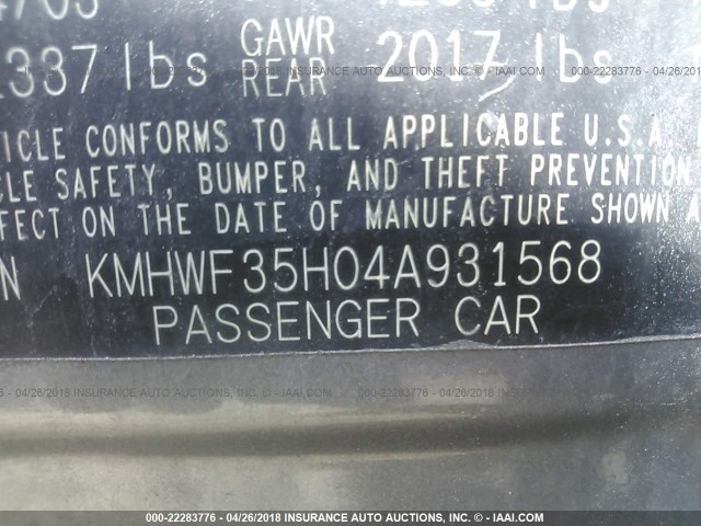 KMHWF35H04A931568 - 2004 HYUNDAI SONATA GLS/LX GRAY photo 9