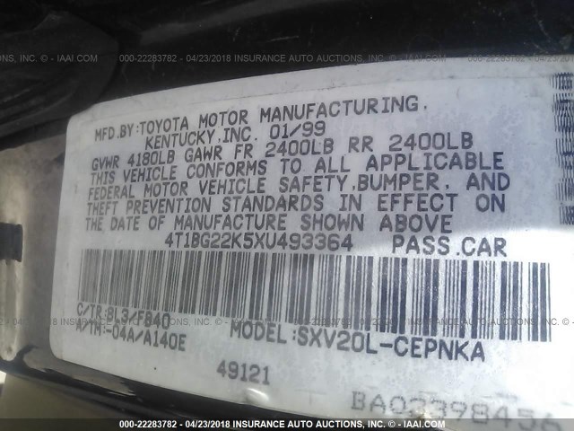 4T1BG22K5XU493364 - 1999 TOYOTA CAMRY CE/LE/XLE BLUE photo 9