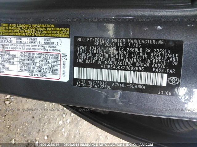 4T1BE46K87U093696 - 2007 TOYOTA CAMRY NEW GENERAT CE/LE/XLE/SE GRAY photo 9