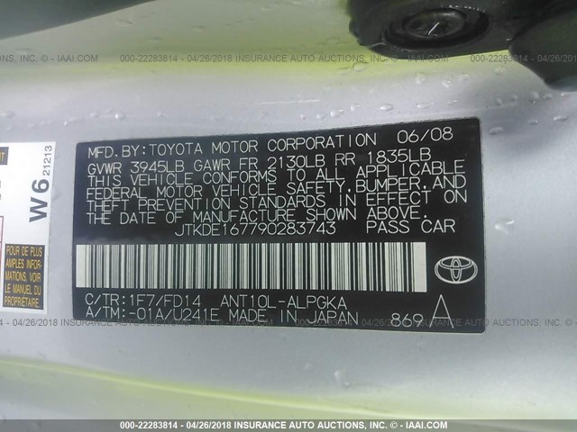 JTKDE167790283743 - 2009 TOYOTA SCION TC 银色 照片 9