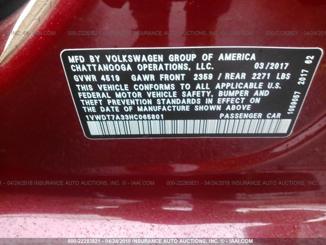 1VWDT7A33HC065801 - 2017 VOLKSWAGEN PASSAT R-LINE Tünd qırmızı foto 9