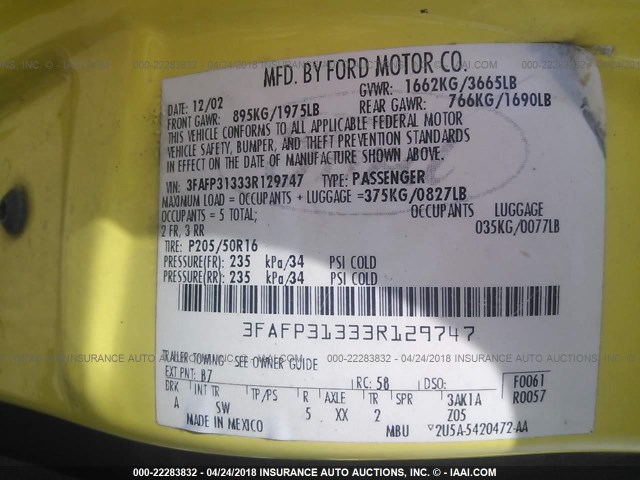 3FAFP31333R129747 - 2003 FORD FOCUS ZX3 YELLOW photo 9