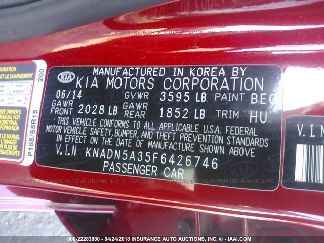 KNADN5A35F6426746 - 2015 KIA RIO EX/SX RED photo 9