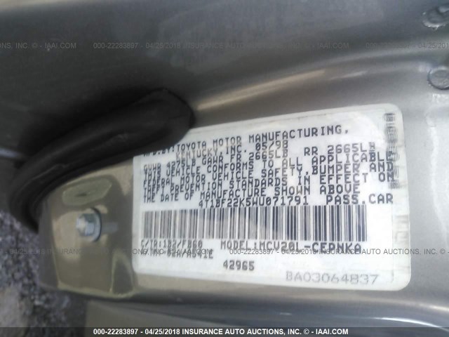 4T1BF22K5WU071791 - 1998 TOYOTA CAMRY CE/LE/XLE GOLD photo 9