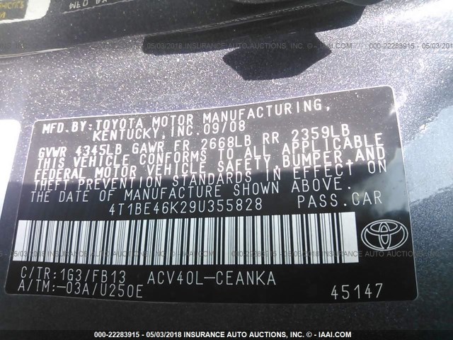 4T1BE46K29U355828 - 2009 TOYOTA CAMRY SE/LE/XLE 灰色 照片 9