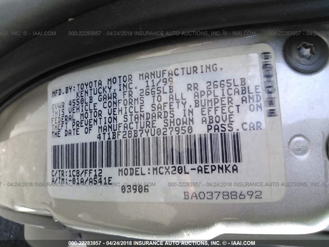 4T1BF28B7YU027950 - 2000 TOYOTA AVALON XL/XLS SILVER photo 9