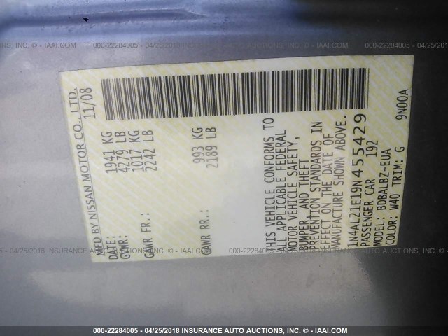 1N4AL21E19N455429 - 2009 NISSAN ALTIMA 2.5/2.5S GRAY photo 9