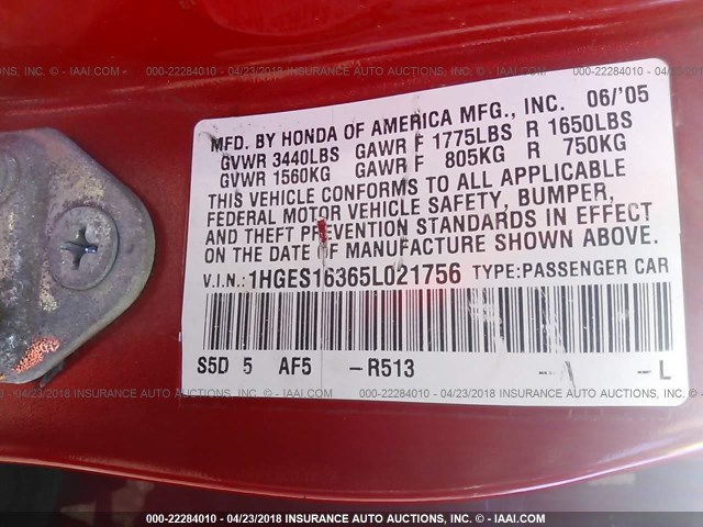 1HGES16365L021756 - 2005 HONDA CIVIC DX VP Qırmızı foto 9
