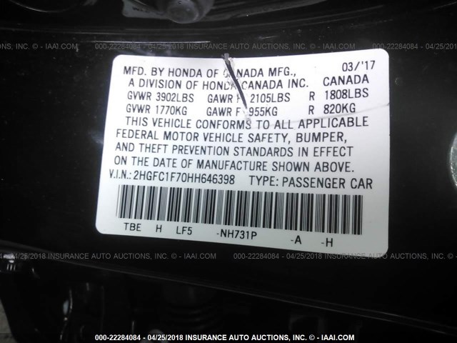 2HGFC1F70HH646398 - 2017 HONDA CIVIC EXL Qara foto 9